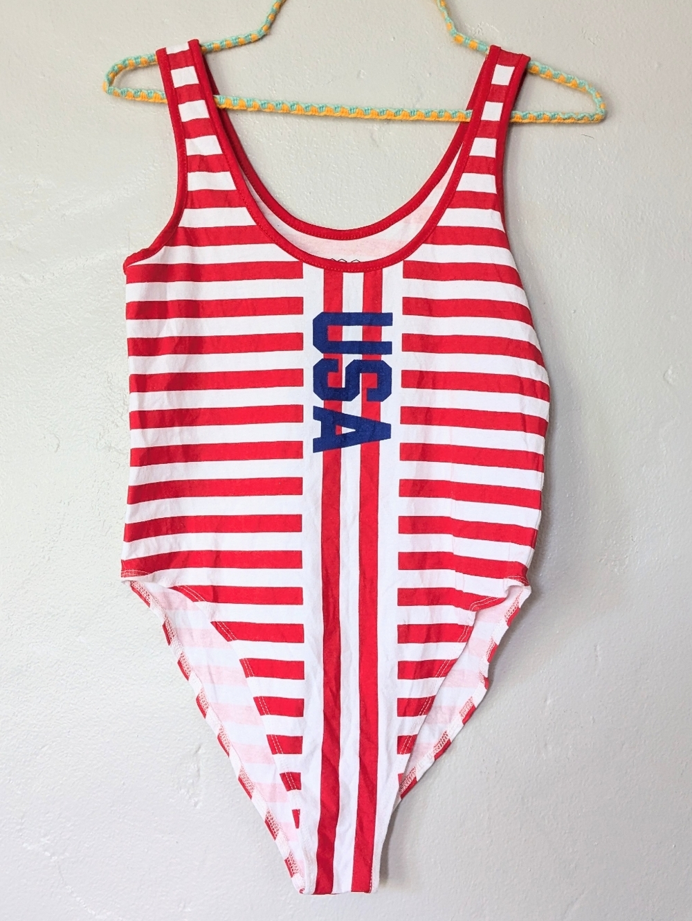 Isaac Morris Red & White Striped USA Graphic Bodysuit NWT Small